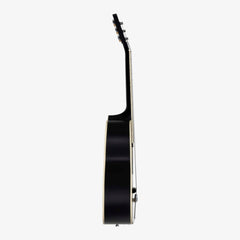 Side view of a black acoustic guitar