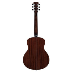 Back view of a wooden acoustic guitar