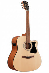 Acoustic guitar with a wooden body and neck\