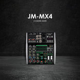 4-channel mixer with 'JM-MX4' branding on a dark background