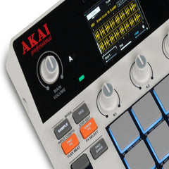 Close-up of an AKAI professional music production controller with display and controls.