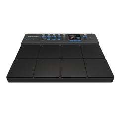 Black NUX electronic drum pad on a white background