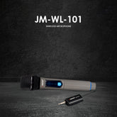 Wireless microphone with receiver on a dark textured background, featuring the model number JM-WL-101.