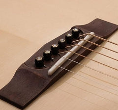 Close-up of a guitar's headstock and tuning pegs on a beige background