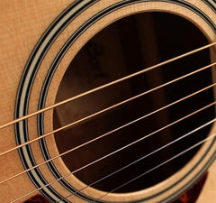Close-up of an acoustic guitar's soundhole and strings
