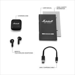 Marshall Minor Iv Wireless in Ear Earbuds with 30+ Hours of Playtime, Water-Resistant, Wireless Charging- Black - Taal Musicals