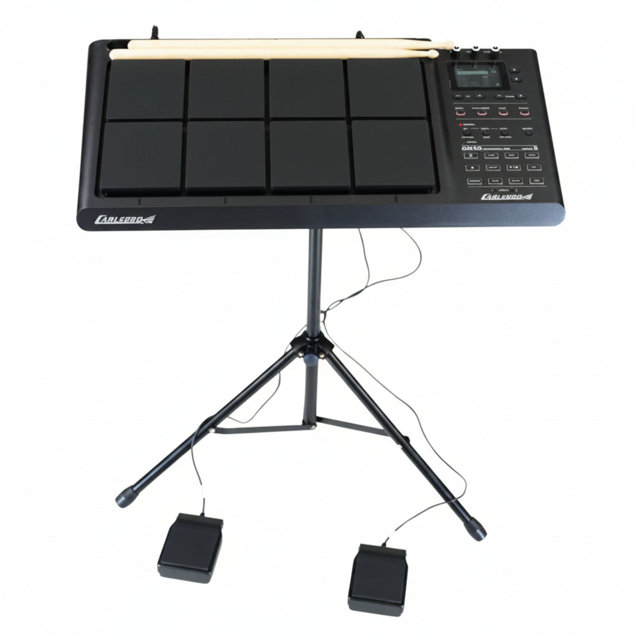 Electronic drum pad with stand and foot pedals on a white background