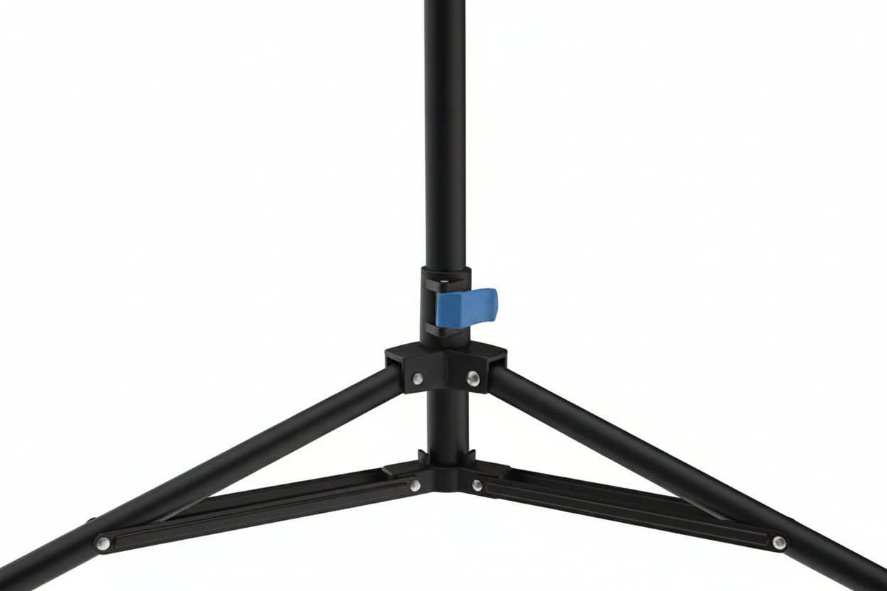 Black tripod stand with a blue clamp on a white background