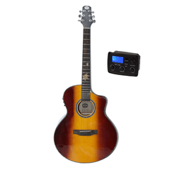 Acoustic guitar with a digital tuner on a white background