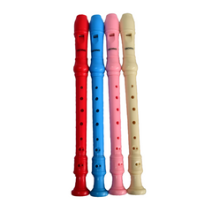 Four colorful recorders in red, blue, pink, and beige on a white background
