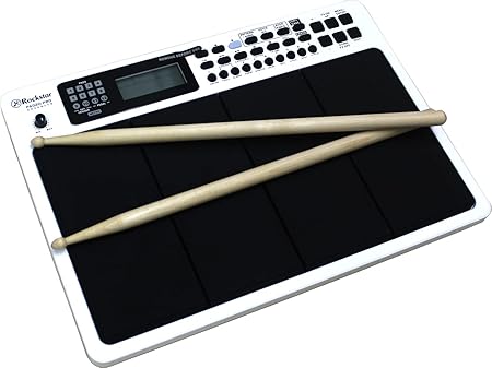 Electronic drum pad with drumsticks on a white background