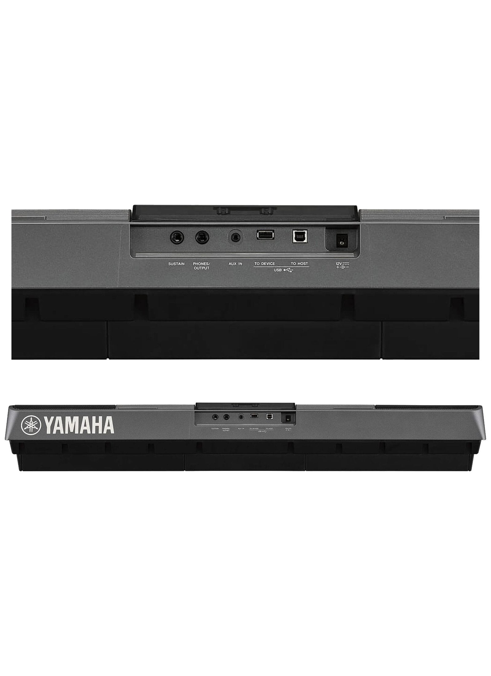 Yamaha keyboard with front and back views on a white background