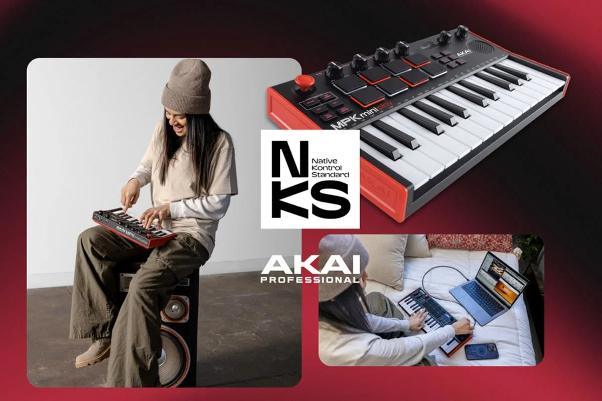 Collage of a person playing a keyboard, a Native Instruments keyboard controller, and a person using a laptop with a keyboard.