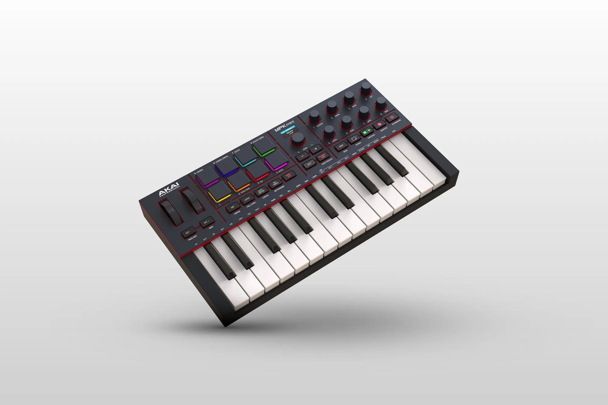Keyboard controller with buttons and sliders on a light gray background