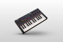 Keyboard controller with buttons and sliders on a light gray background