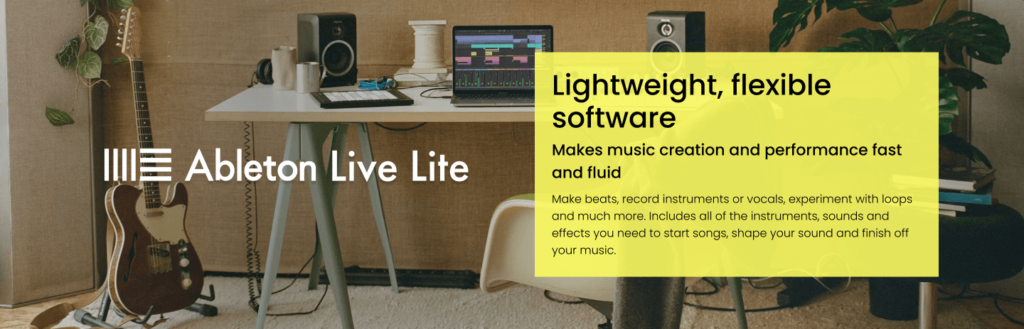 Ableton Live Lite software promotion with a music creation setup and text overlay.