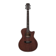 Acoustic guitar with a brown finish on a white background