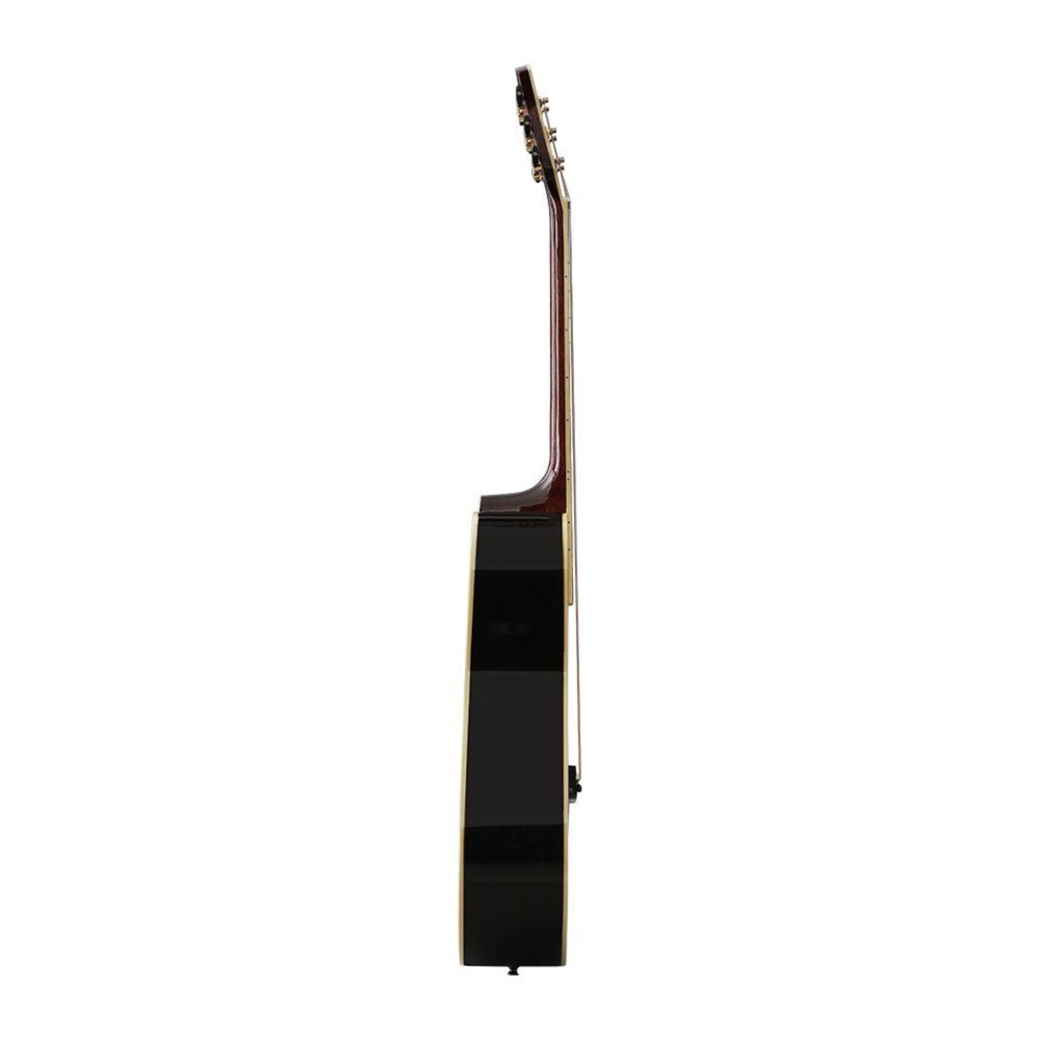 Side view of a black acoustic guitar 
