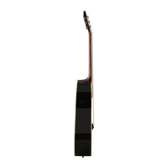Side view of a black acoustic guitar 