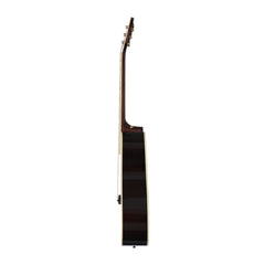 Side view of a black acoustic guitar 