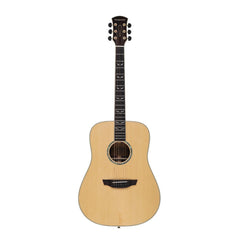 Acoustic guitar with a natural wood finish 
