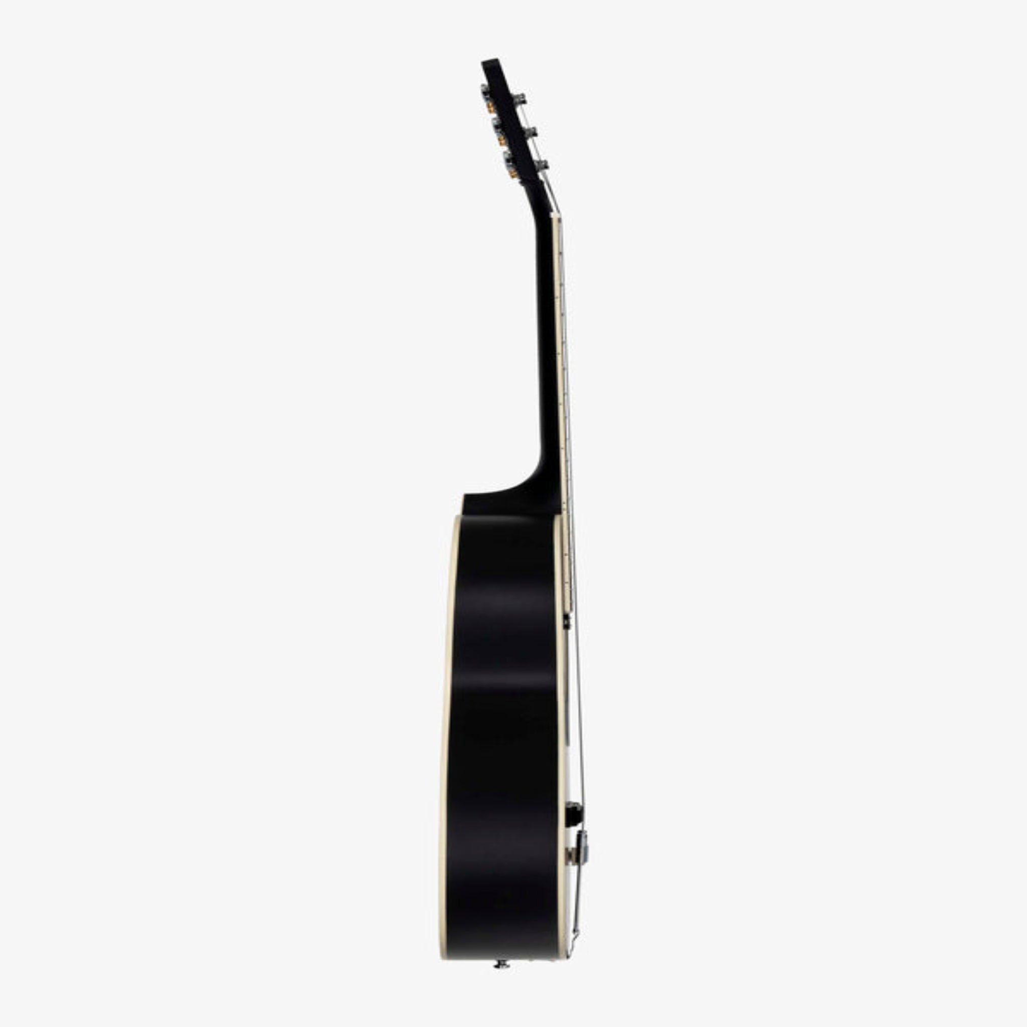 Side view of a black acoustic guitar 