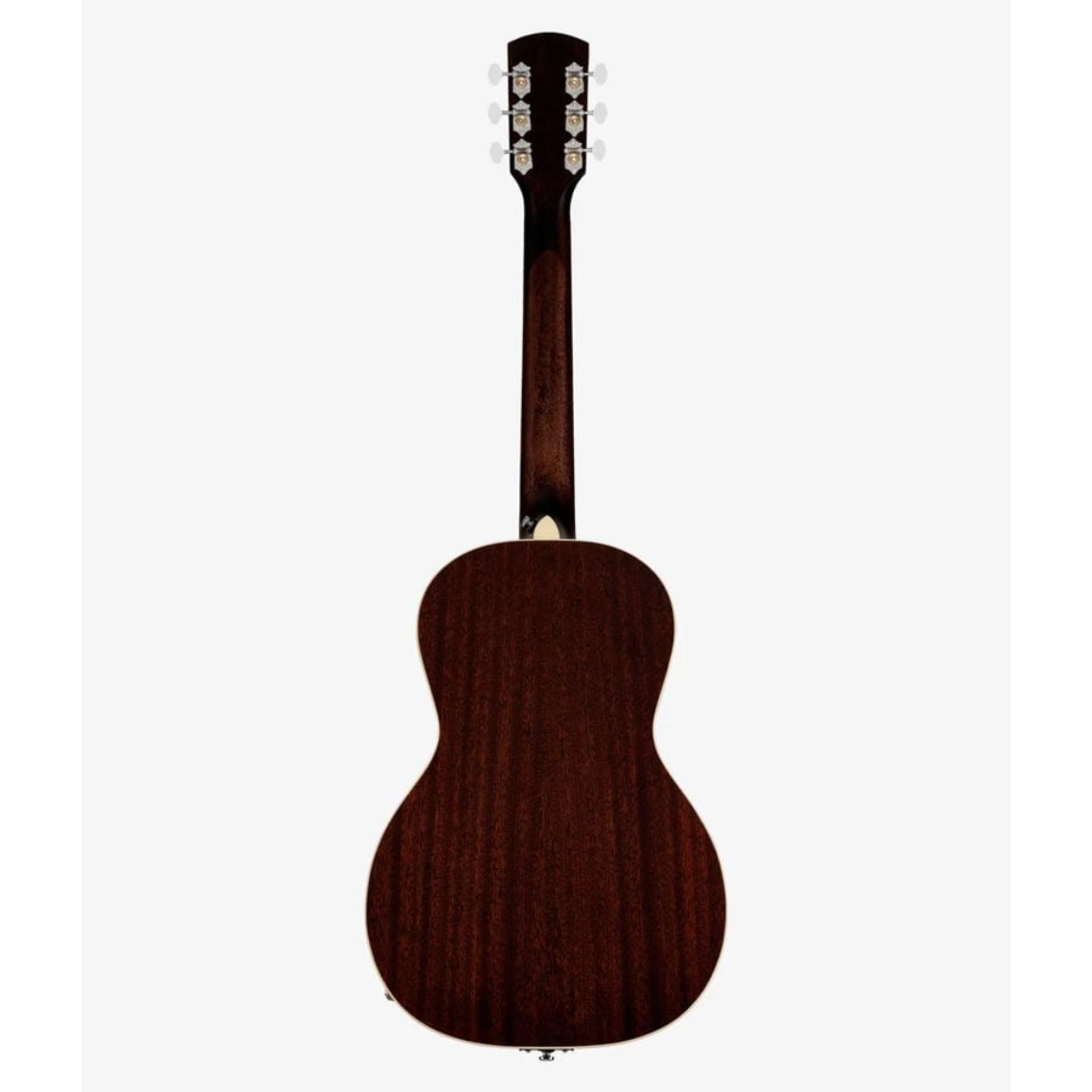 Back view of a brown acoustic guitar 
