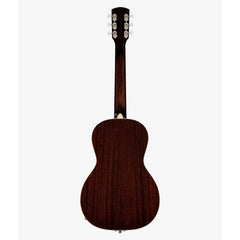 Back view of a brown acoustic guitar 