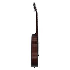 Side view of a dark brown acoustic guitar 
