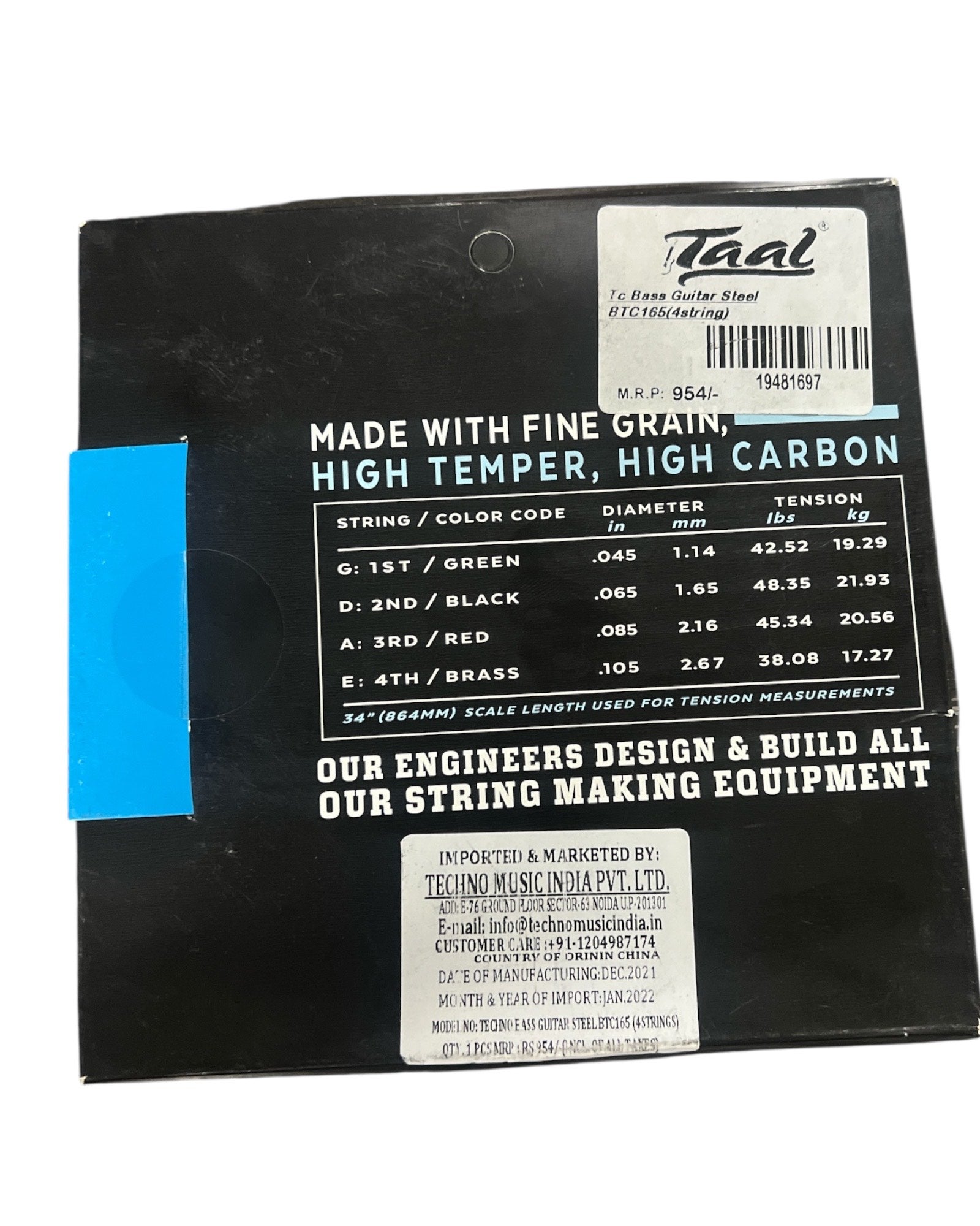 Techno Bass BTC165 String Gauge Medium 45/105 Nickel Steel Set 5 Strings Guitar String  (4 Strings) - Taal Musicals