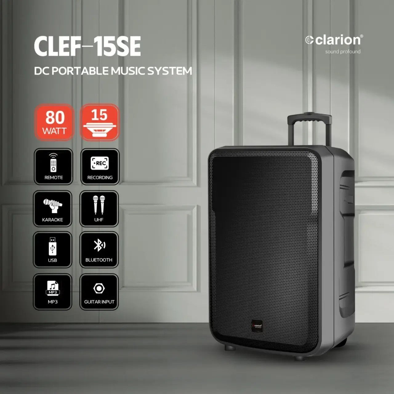 Clarion CLEF-15SE DC portable music system with features displayed on a gray background