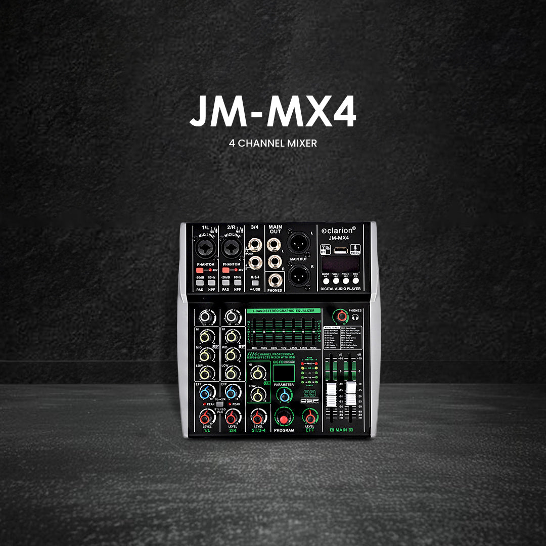 4-channel mixer with 'JM-MX4' branding on a dark background