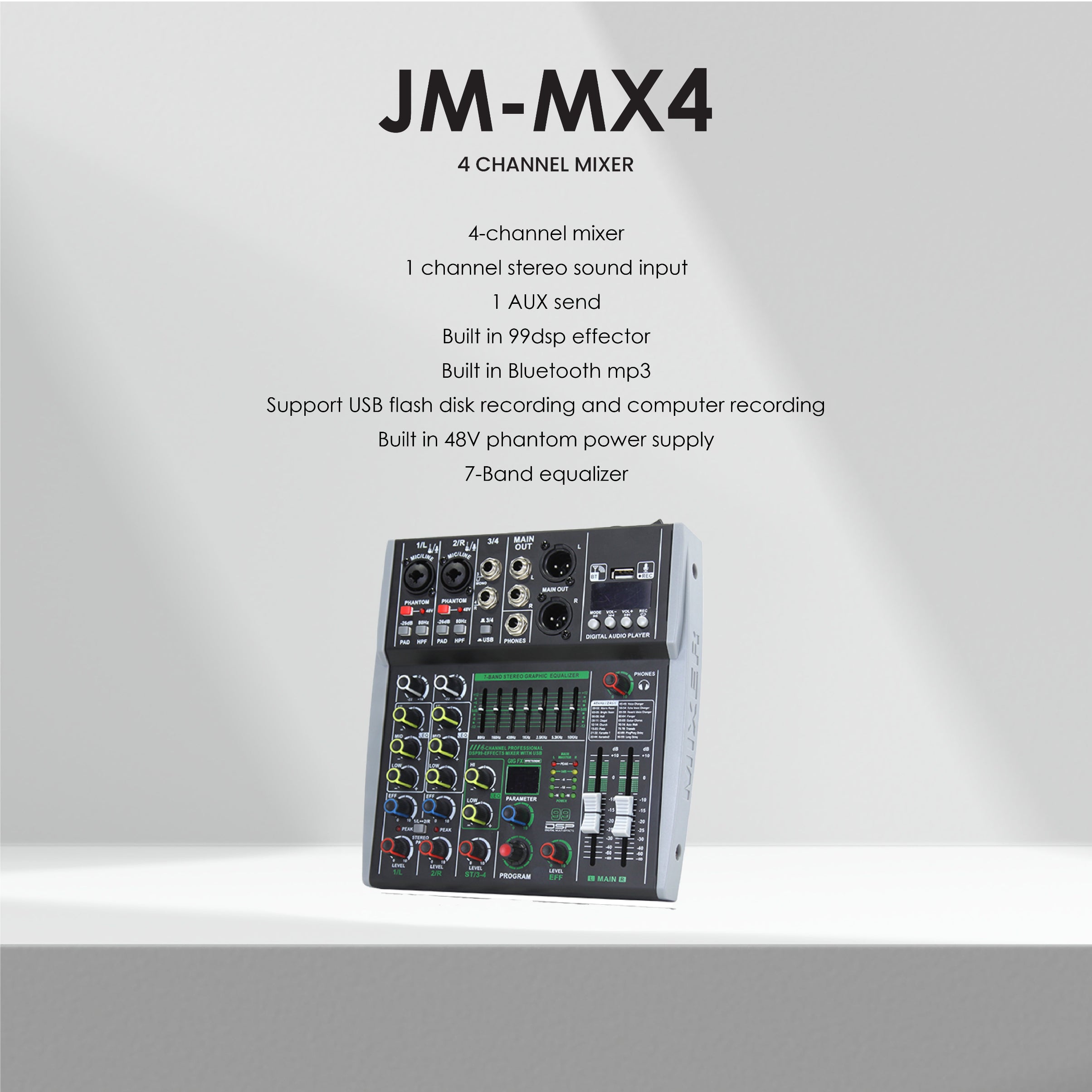 4-channel mixer with specifications on a white background