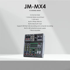 4-channel mixer with specifications on a white background