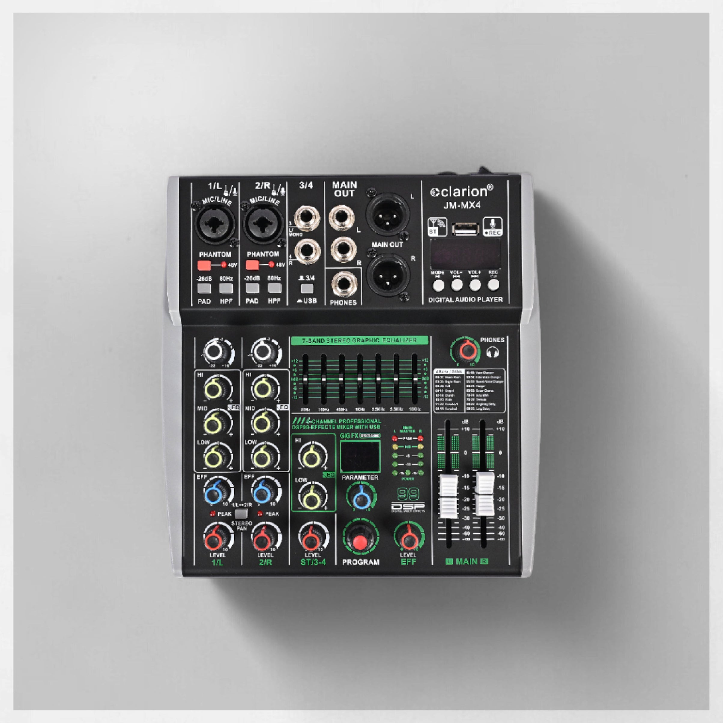 Audio mixer with various controls and ports on a gray background