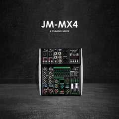 4-channel mixer with 'JM-MX4' branding on a dark background