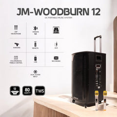Portable music system JM-Woodburn 12 with features listed on a white background