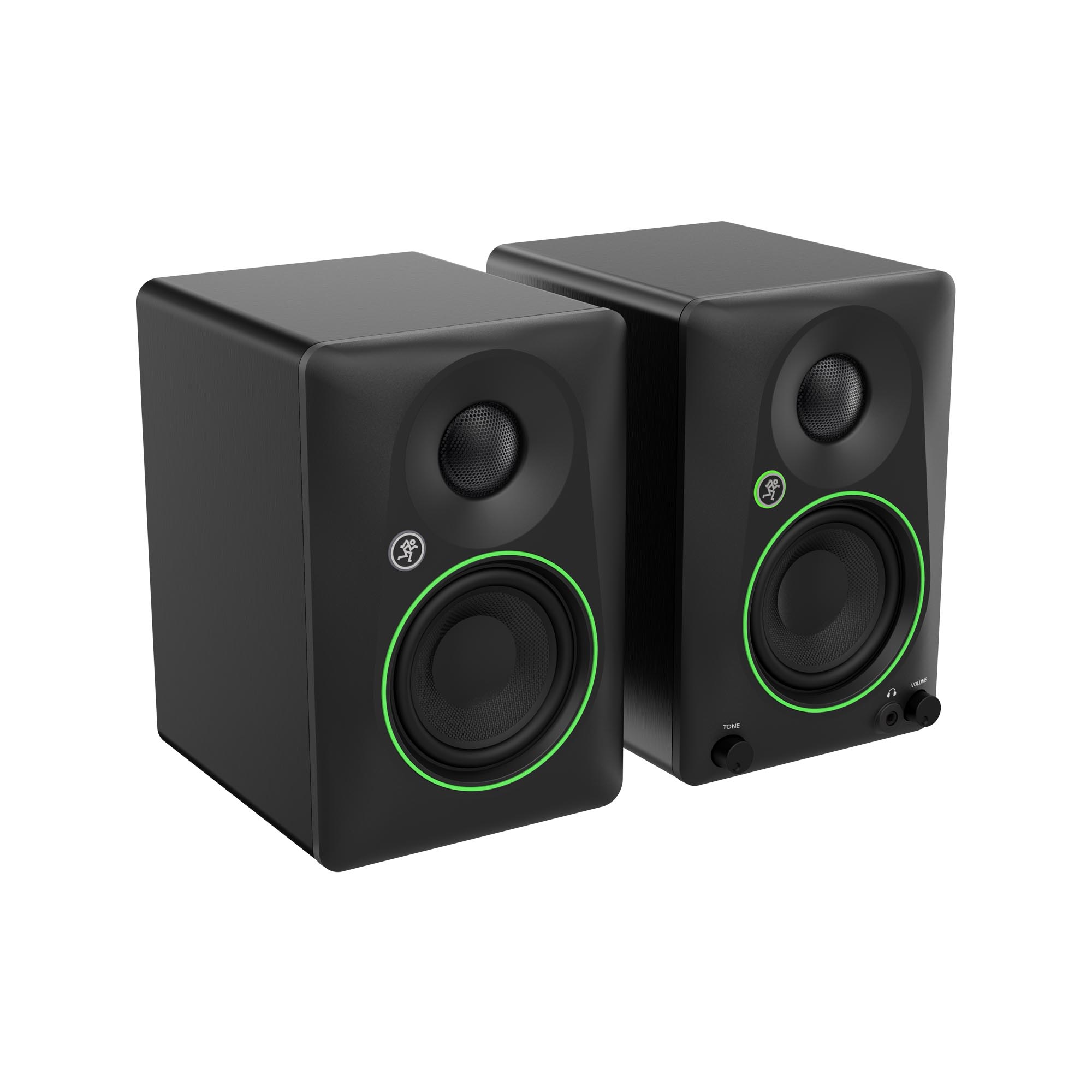 Pair of black studio monitors with green accents on a white background
