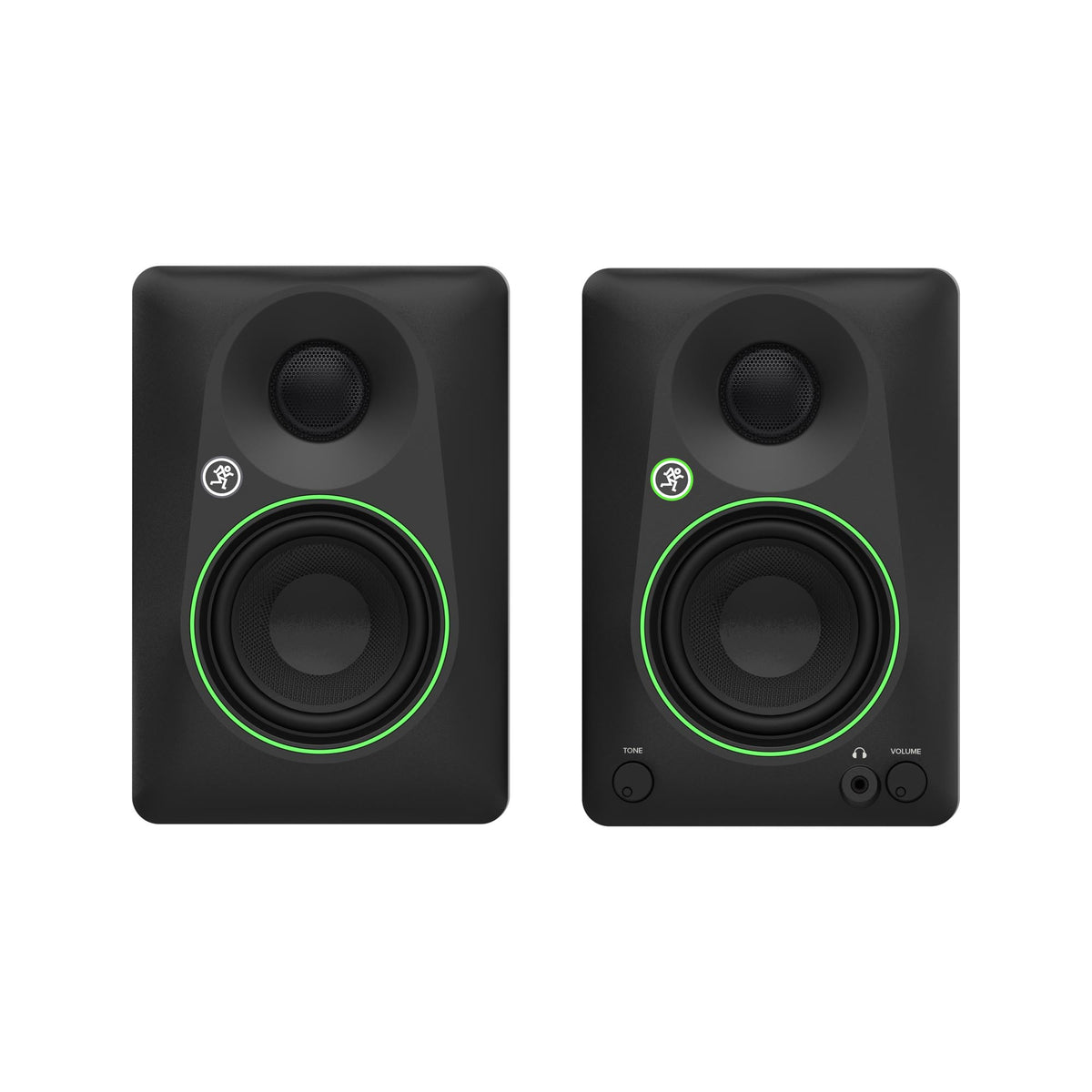 Pair of black studio monitors with green accents on a white background