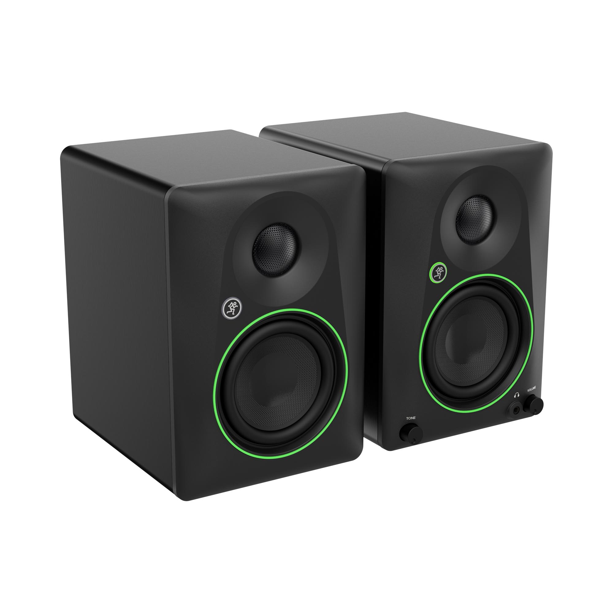 Pair of black studio monitors 