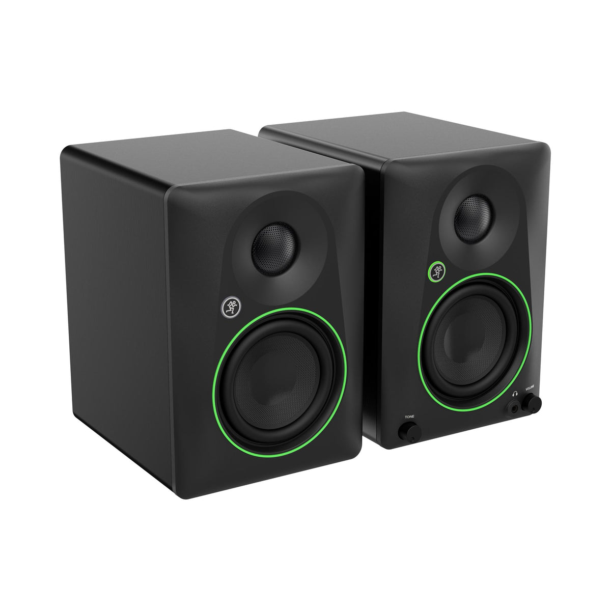 Pair of black studio monitors 