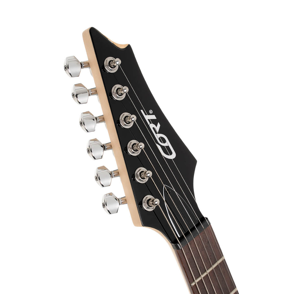 Close-up of a guitar headstock with Cort 