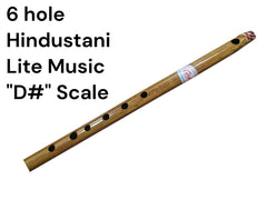 Wooden flute with 6 holes labeled 'Hindustani Lite Music D# Scale' on a white background