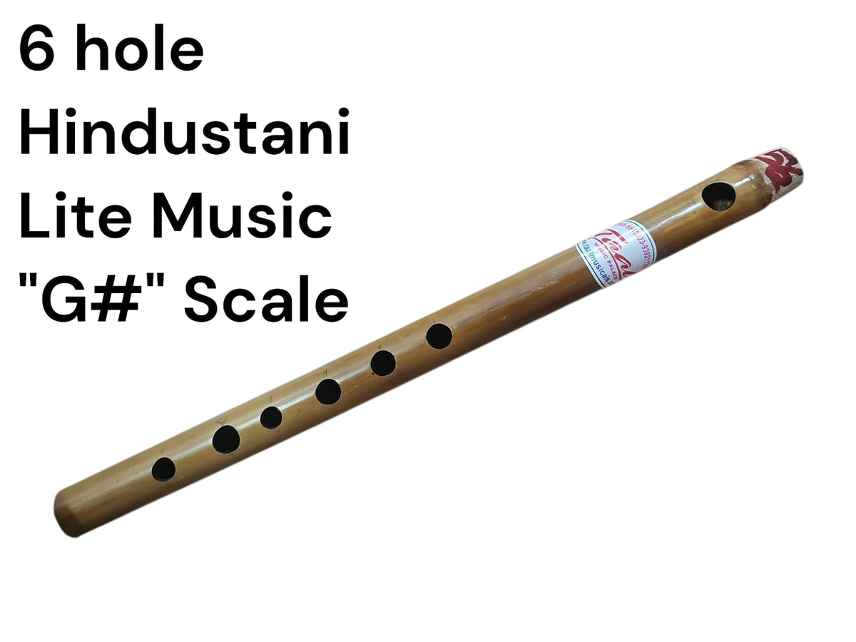 Bamboo flute with 6 holes on a white background, labeled '6 hole Hindustani Lite Music G# Scale'.