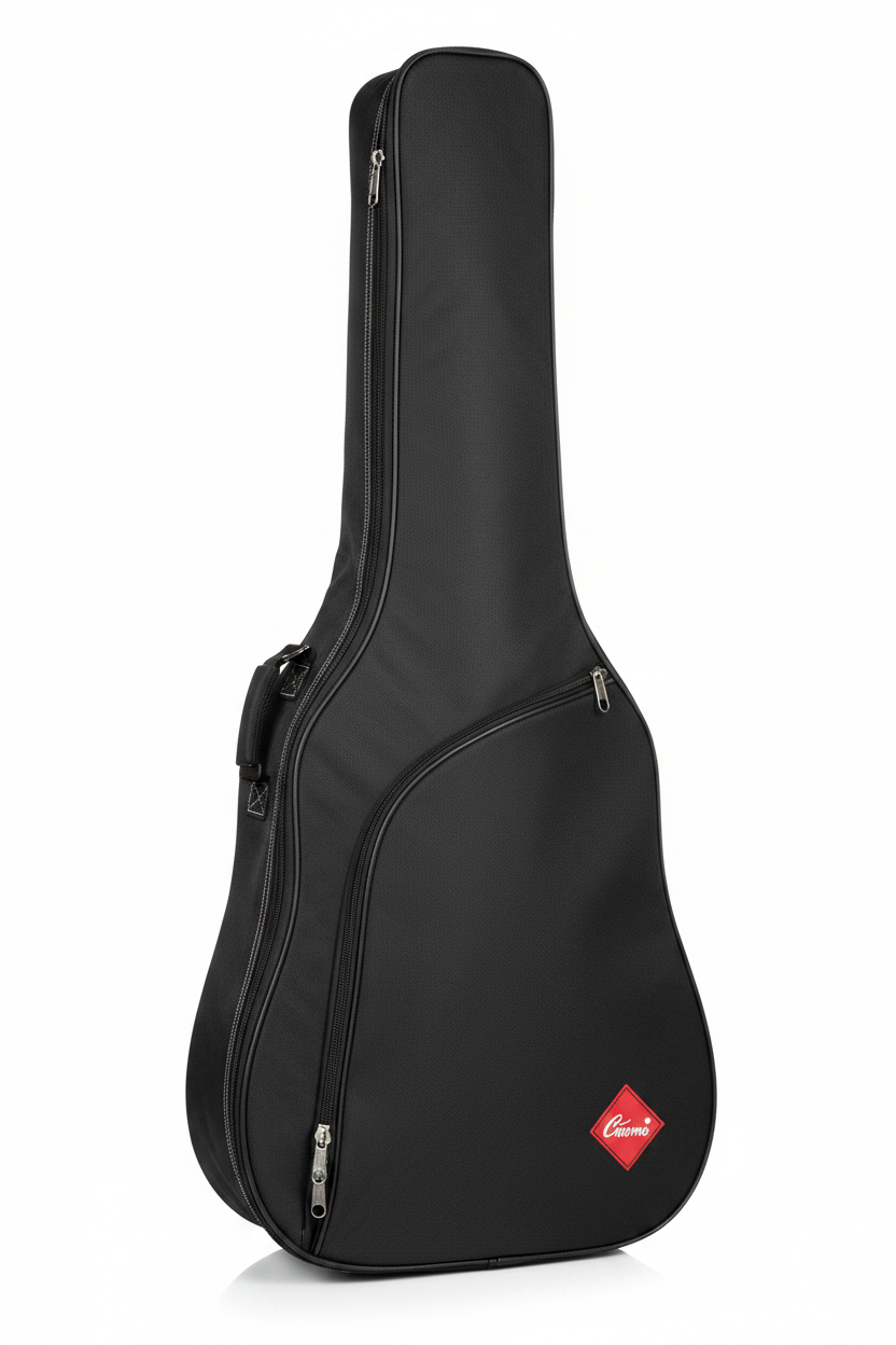 Black guitar case with a brand logo on a white background