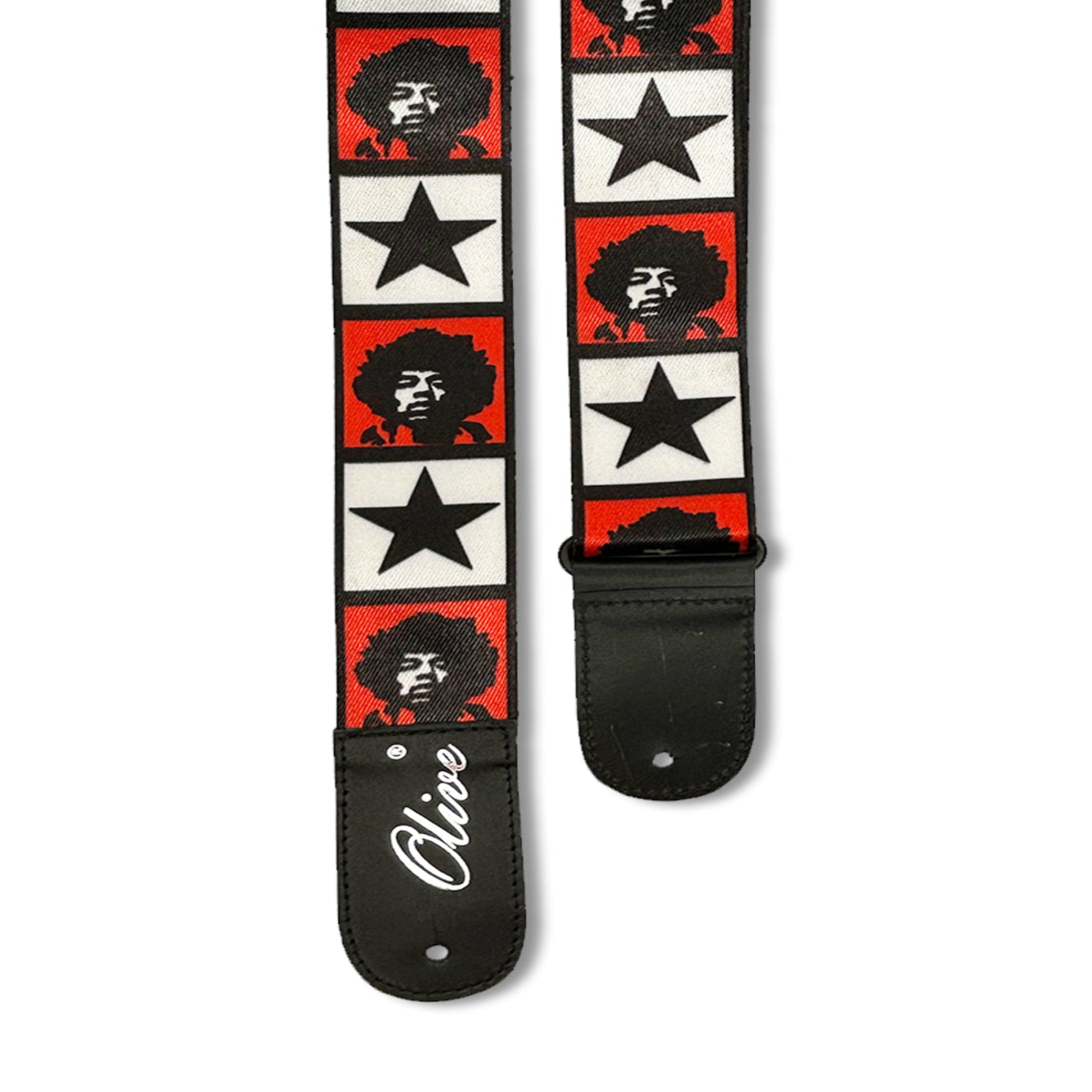 Guitar strap with Jimi Hendrix design featuring stars and his face on a red, white, and black pattern.