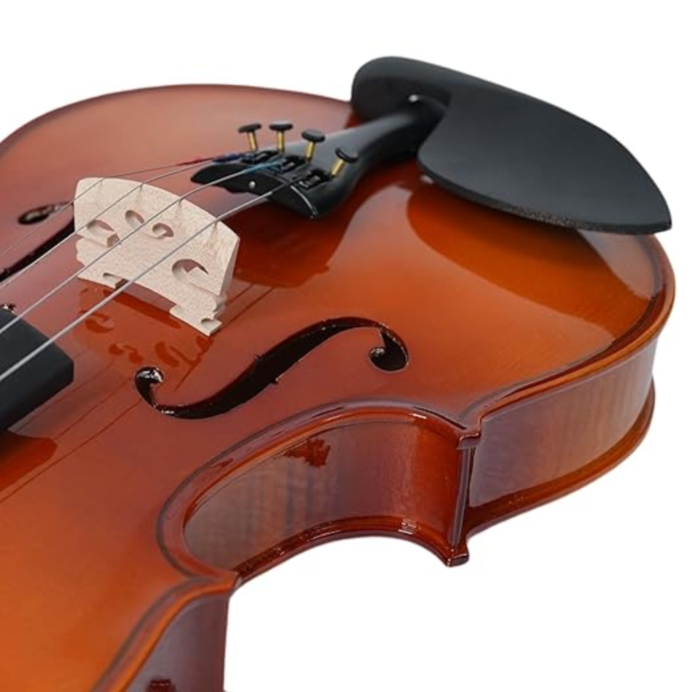 Close-up of a violin with a black chin rest
