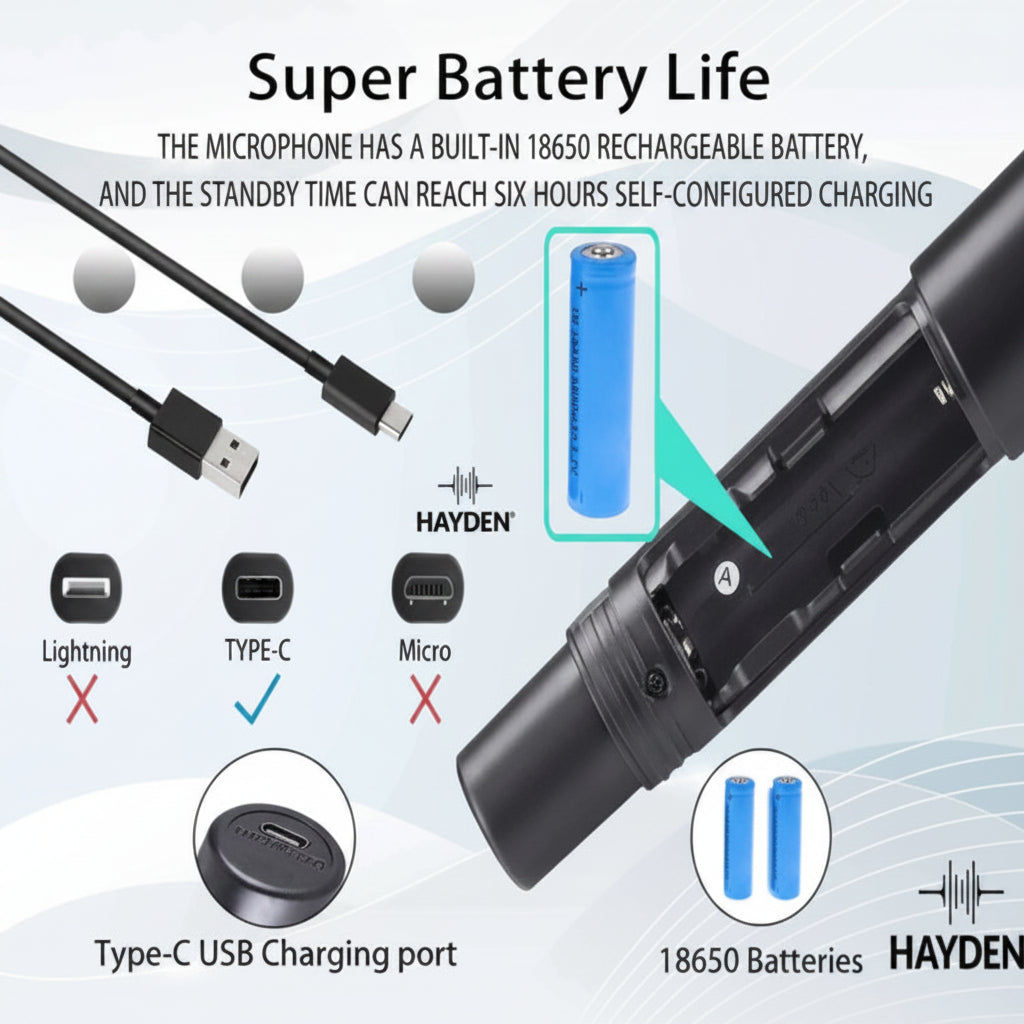 Hayden microphone with charging port and battery life features 