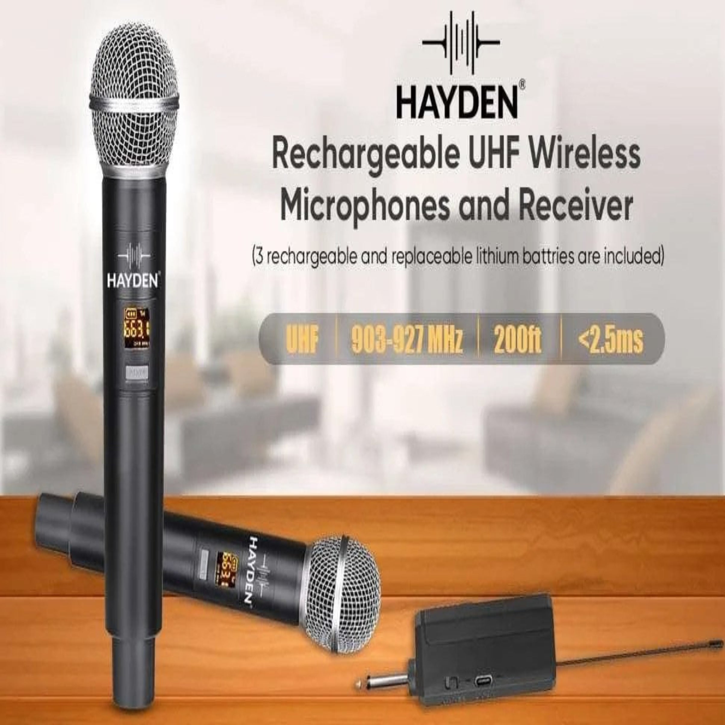 Hayden rechargeable UHF wireless microphones and receiver set 
