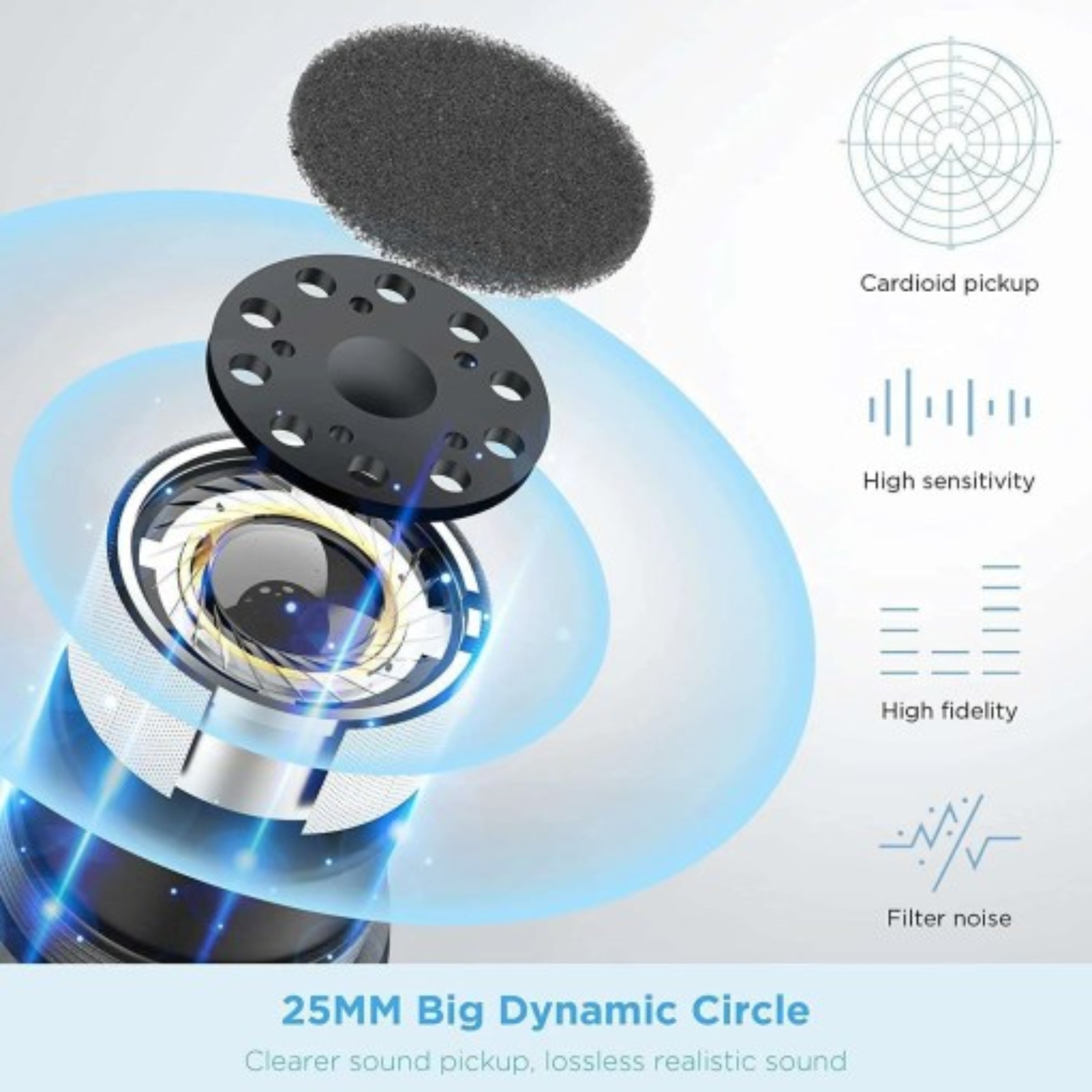 Illustration of a speaker driver with technical features highlighted on a light gray background